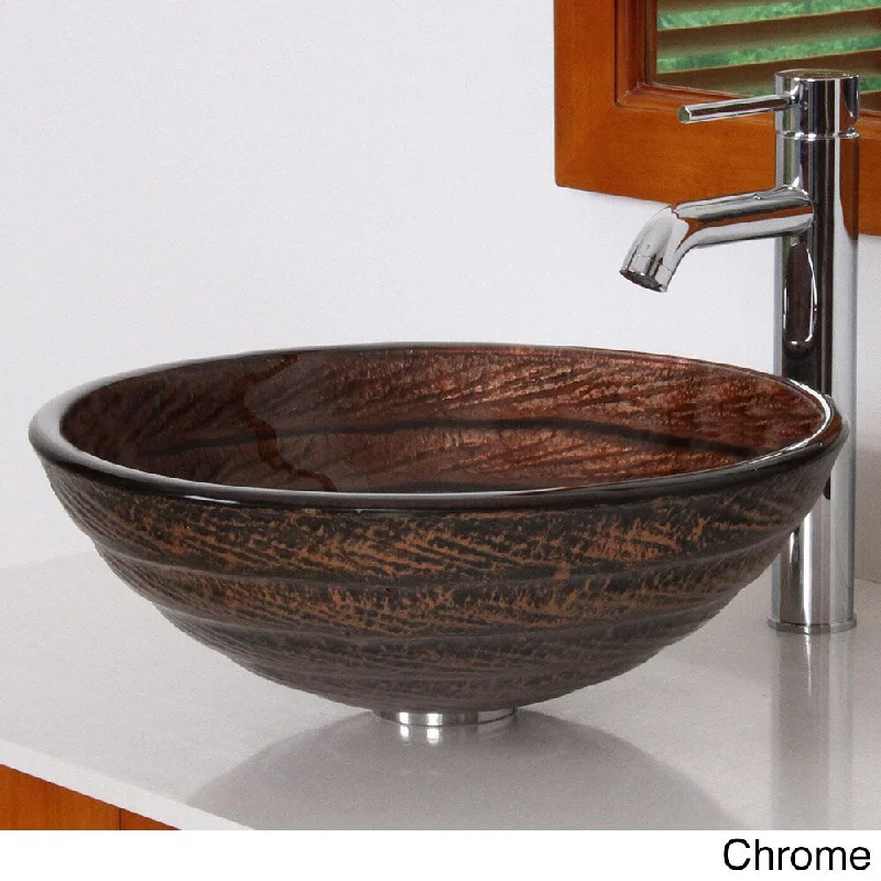 Elite Antique Bronze Tempered Glass Bathroom Vessel Sink with Faucet Combo