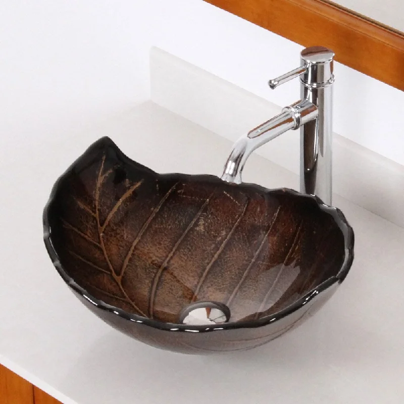 Elite Fall+F371067 Leaves Design Tempered Glass Bathroom Vessel Sink With Faucet Combo