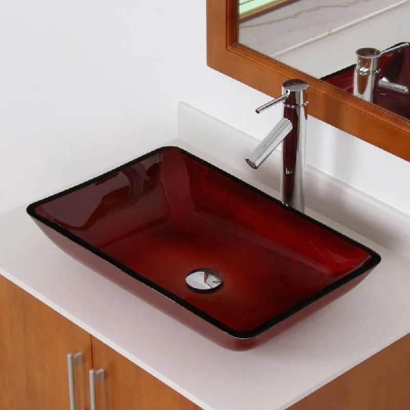 Elite llusion Burgundy Design Tempered Glass Bathroom Vessel Sink with Faucet Combo