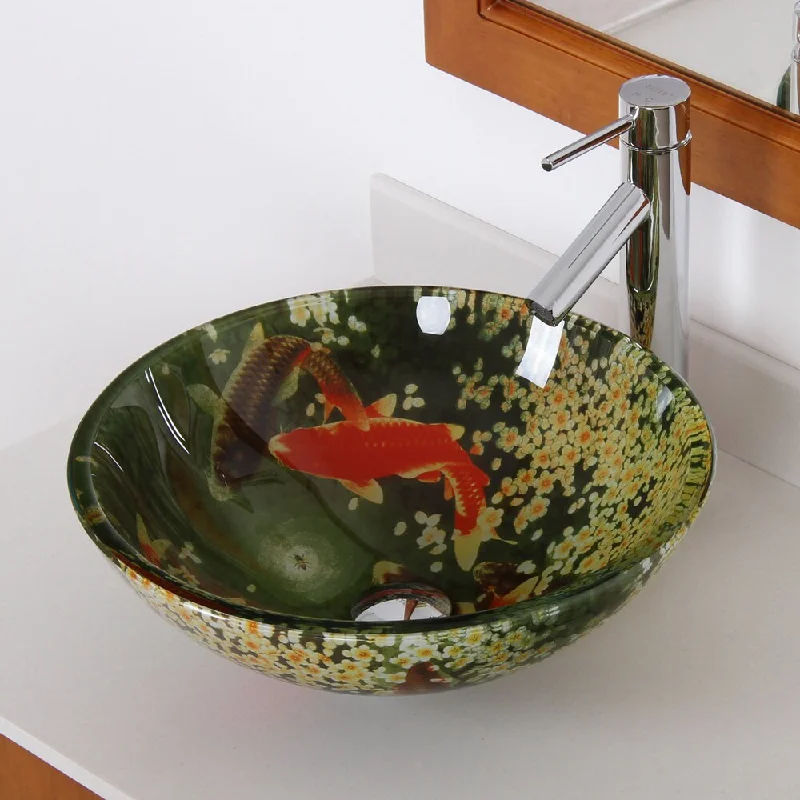 Elite N1252659 'Koi and Lily Pond' Tempered Glass Bathroom Vessel Sink With Faucet Combo