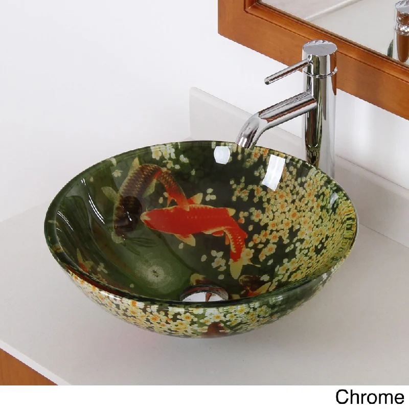 Elite N125F371023 'Koi and Lily Pond' Tempered Glass Bathroom Vessel Sink With Faucet Combo