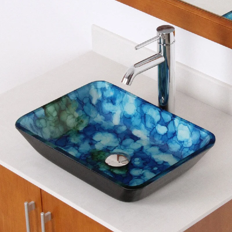 Elite Rectangle Cloud Art Tempered Glass Bathroom Vessel Sink with Faucet Combo