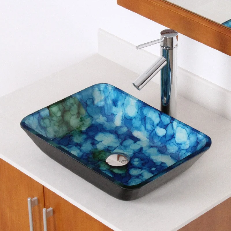 Elite Rectangle Cloud-style Art Tempered Glass Bathroom Vessel Sink with Faucet Combo