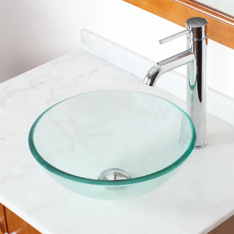 Elite Small Clear Tempered Glass Bathroom Vessel Sink with Faucet Combo