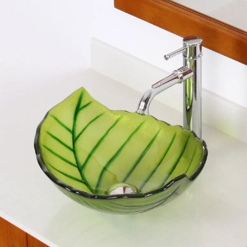 Elite Spring+F371067 Leaves Design Tempered Glass Bathroom Vessel Sink With Faucet Combo