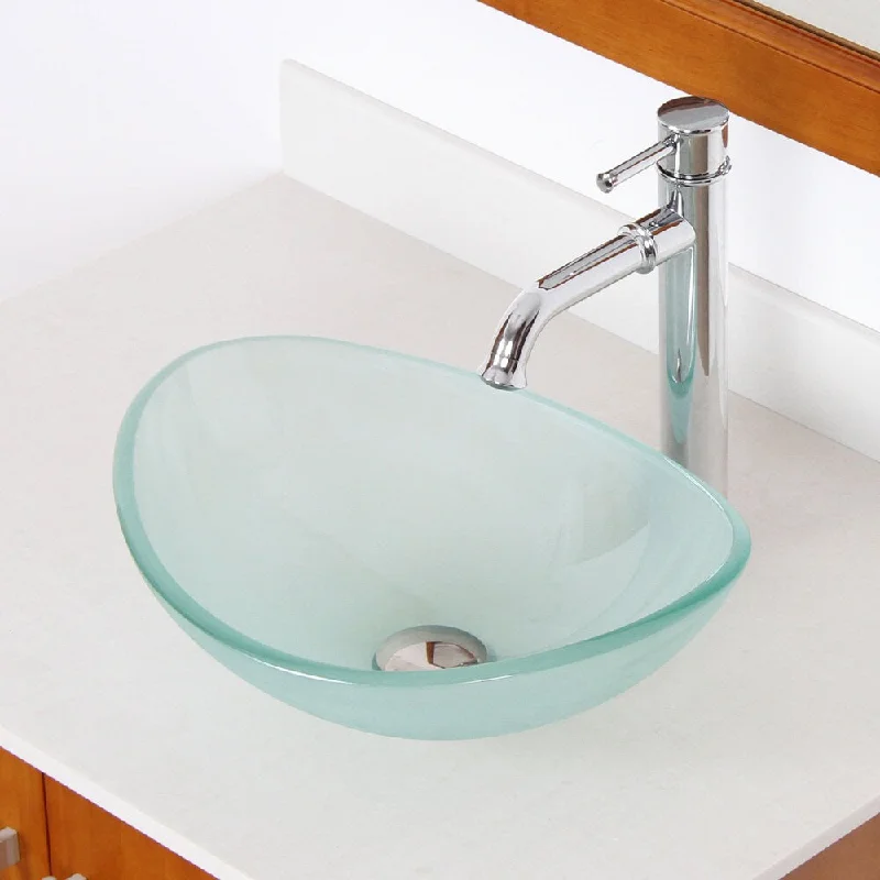 Elite Unique Oval Frosted Tempered Glass Bathroom Vessel Sink With Faucet Combo