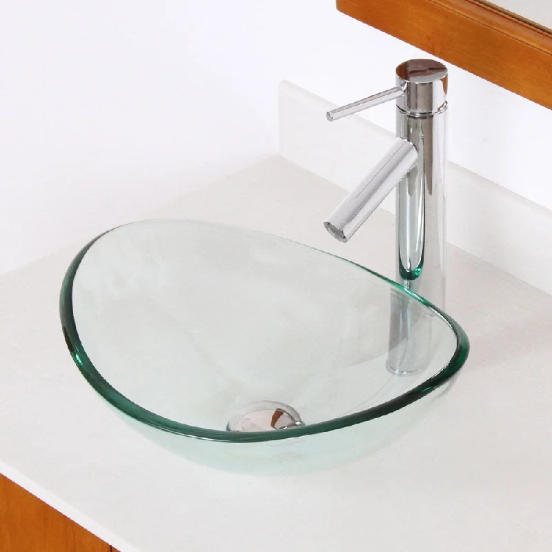 Elite Unique Oval Transparent Tempered Glass Bathroom Vessel Sink With Faucet Combo