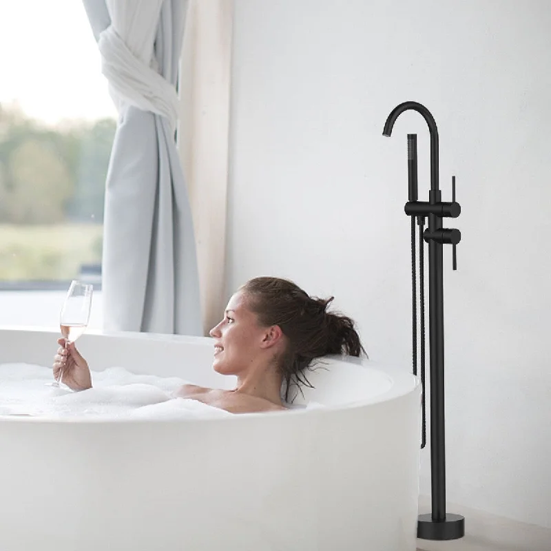 Floor Mounted Double Handles Freestanding Tub Faucet with Hose, Diverter and Handheld Shower