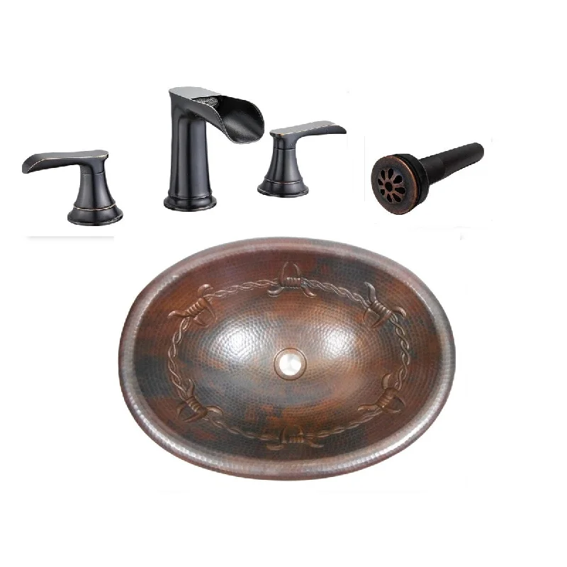 Hammered 19" Oval Copper Bathroom Sink with Barbed Wire Design, Drain & Faucet Included - 19" x 14" x 5"