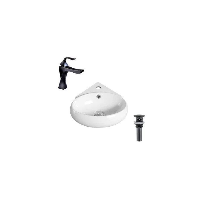 Hazara 13.7"W CUPC certified Oval Ceramic Wall Mount Bathroom Vessel Sink Set in White with Black Faucet and Drain - HZR-1232