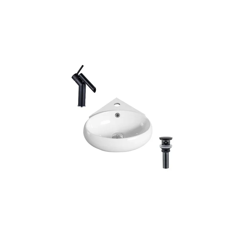 Hazara 13.7"W CUPC certified Oval Ceramic Wall Mount Bathroom Vessel Sink Set in White with Black Faucet and Drain - HZR-1272