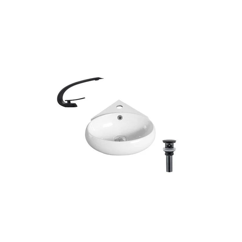 Hazara 13.7"W CUPC certified Oval Ceramic Wall Mount Bathroom Vessel Sink Set in White with Black Faucet and Drain - HZR-1296