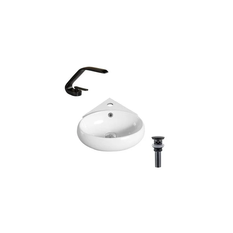 Hazara 13.7"W CUPC certified Oval Ceramic Wall Mount Bathroom Vessel Sink Set in White with Black Faucet and Drain - HZR-1312