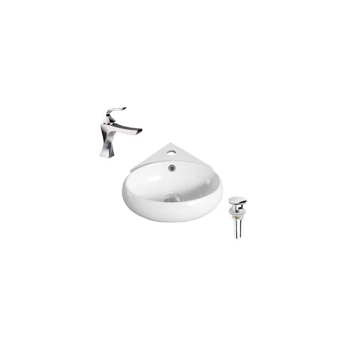 Hazara 13.7"W CUPC certified Oval Ceramic Wall Mount Bathroom Vessel Sink Set in White with Chrome Faucet and Drain - HZR-1240