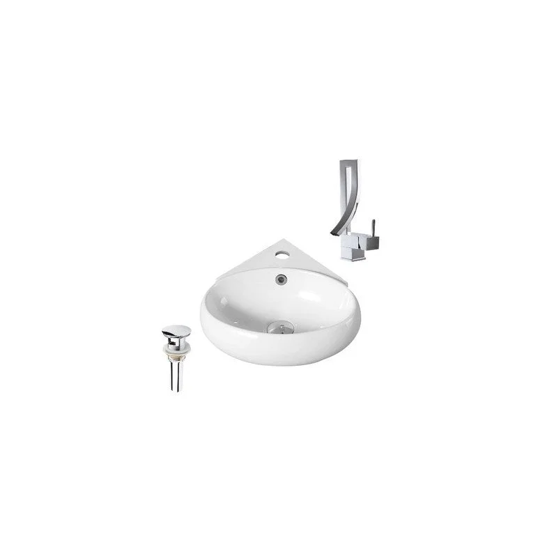 Hazara 13.7"W CUPC certified Oval Ceramic Wall Mount Bathroom Vessel Sink Set in White with Chrome Faucet and Drain - HZR-1280