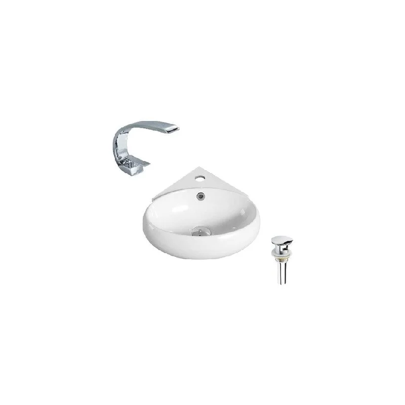 Hazara 13.7"W CUPC certified Oval Ceramic Wall Mount Bathroom Vessel Sink Set in White with Chrome Faucet and Drain - HZR-1288