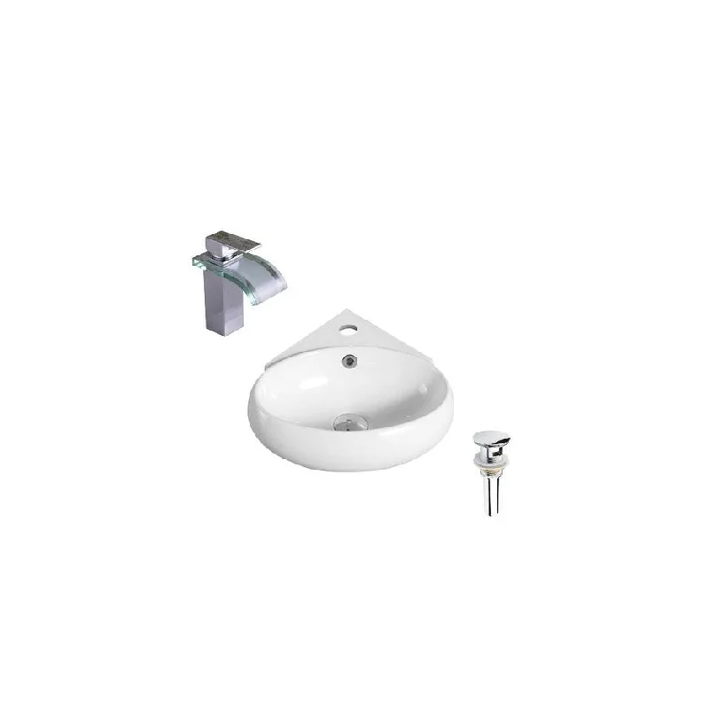 Hazara 13.7"W CUPC certified Oval Ceramic Wall Mount Bathroom Vessel Sink Set in White with Chrome Faucet and Drain - HZR-1328