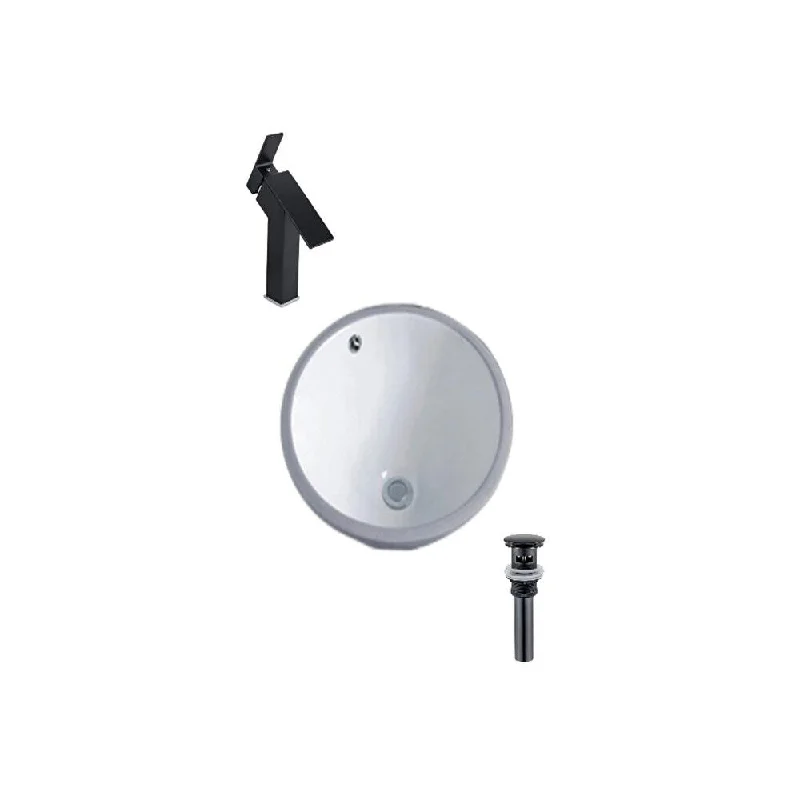 Hazara 15.7"W CUPC certified Round Ceramic Bathroom Undermount Sink Set in White with Black Faucet and Drain - HZR-1155