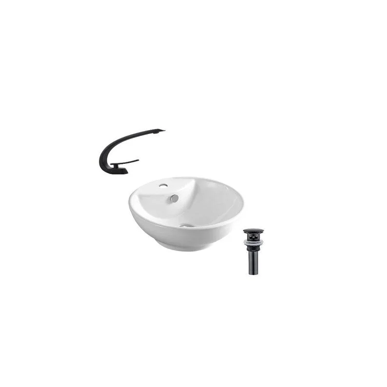 Hazara 18"W CUPC certified Round Ceramic Above Counter Bathroom Vessel Sink Set in White with Black Faucet and Drain - HZR-1294