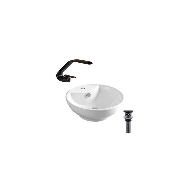 Hazara 18"W CUPC certified Round Ceramic Above Counter Bathroom Vessel Sink Set in White with Black Faucet and Drain - HZR-1310