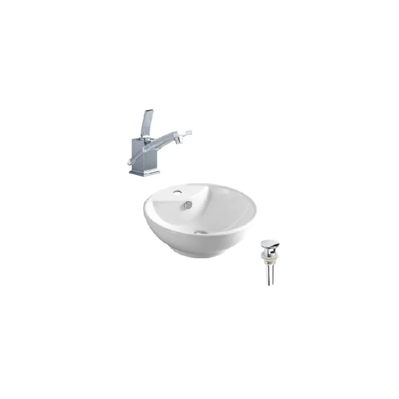 Hazara 18"W CUPC certified Round Ceramic Above Counter Bathroom Vessel Sink Set in White with Chrome Faucet and Drain - HZR-1318