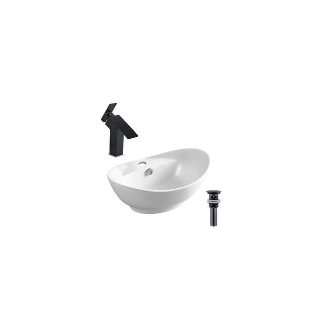 Hazara 23.2"W CUPC certified Oval Ceramic Above Counter Bathroom Vessel Sink Set in White with Black Faucet and Drain - HZR-1255