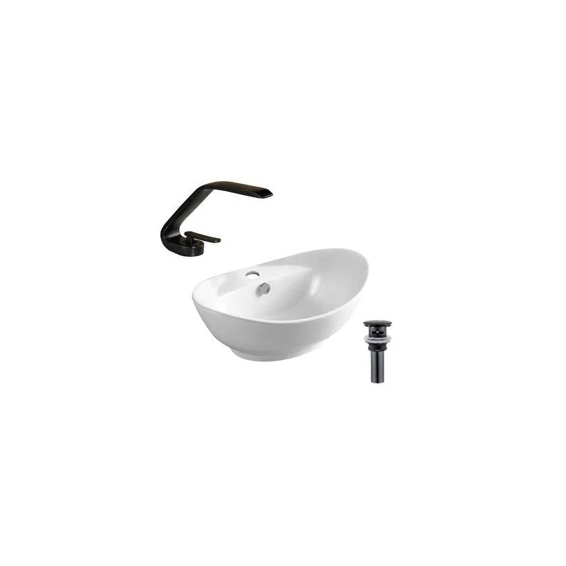 Hazara 23.2"W CUPC certified Oval Ceramic Above Counter Bathroom Vessel Sink Set in White with Black Faucet and Drain - HZR-1311