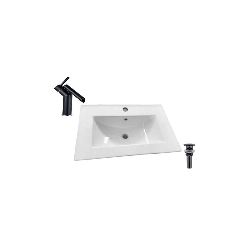 Hazara 24.2"W CUPC certified Rectangular Ceramic Bathroom Vanity Top Set in White with Black Faucet and Drain - HZR-1403