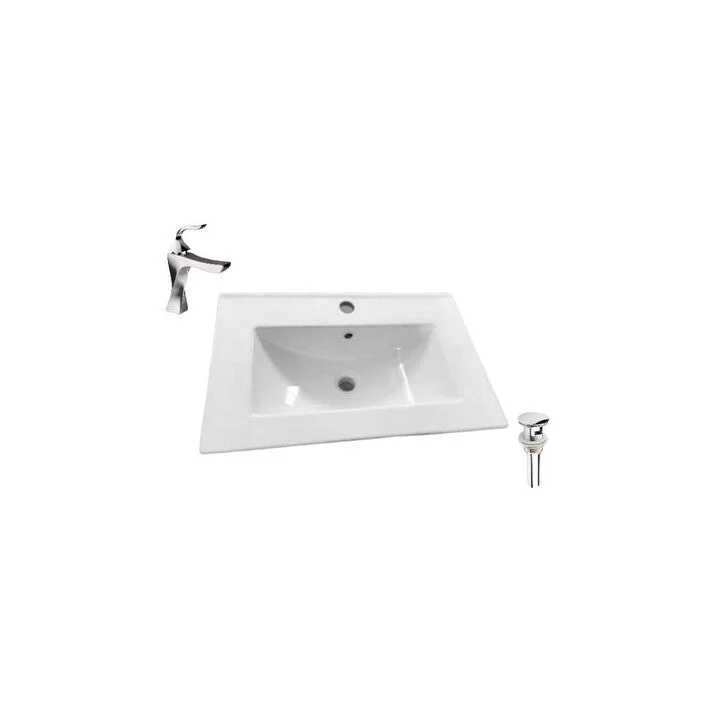 Hazara 24.2"W CUPC certified Rectangular Ceramic Bathroom Vanity Top Set in White with Chrome Faucet and Drain - HZR-1383