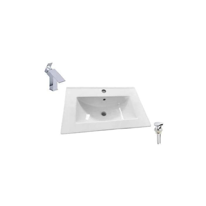 Hazara 24.2"W CUPC certified Rectangular Ceramic Bathroom Vanity Top Set in White with Chrome Faucet and Drain - HZR-1391