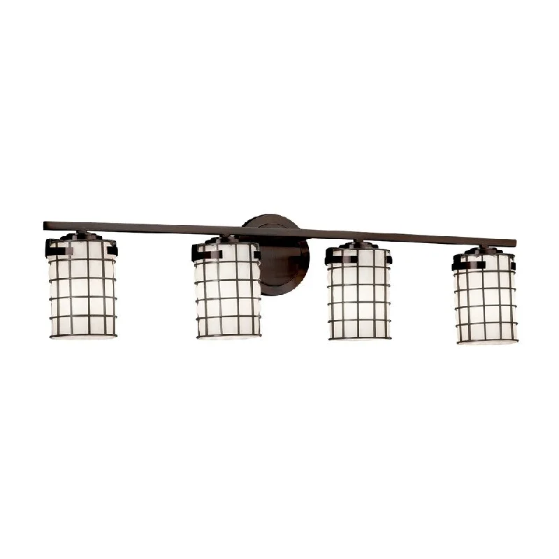 Justice Design Wire Glass Atlas 4-light Dark Bronze Bath Bar, Grid with Opal Cylinder - Flat Rim Shade