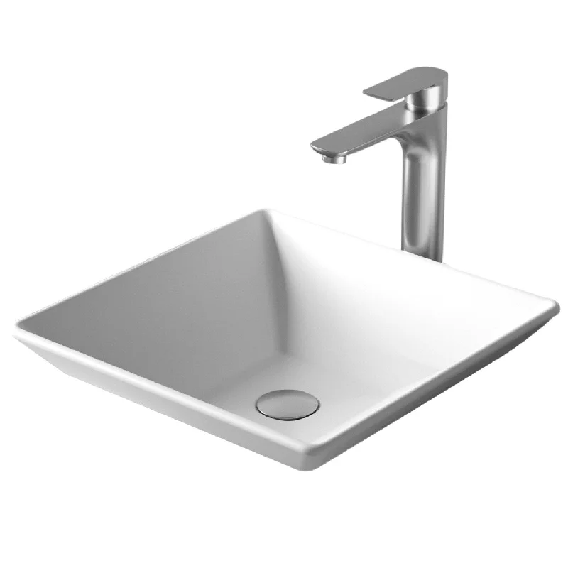 Karran Quattro Matte White Acrylic 16 in. Square Bathroom Vessel Sink with Faucet and drain in Stainless Steel