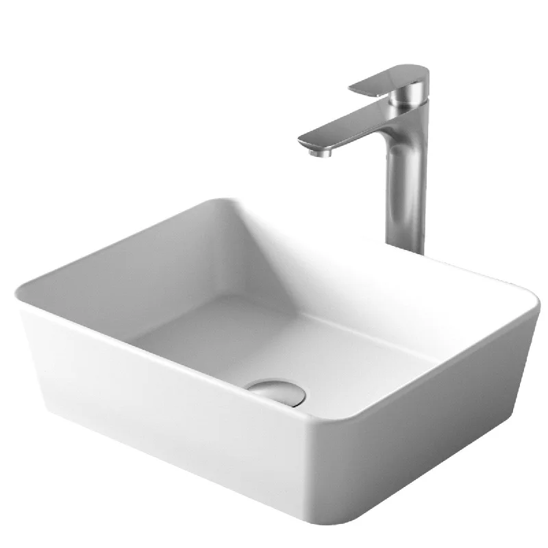 Karran Quattro Matte White Acrylic 18 in. Rectangular Bathroom Vessel Sink with Faucet and drain in Stainless Steel