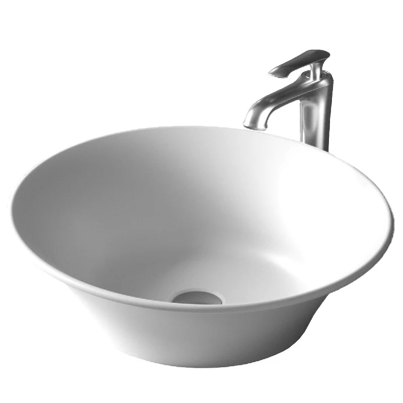 Karran Quattro Matte White Acrylic 21 in. Oval Bathroom Vessel Sink with Faucet and drain in Stainless Steel