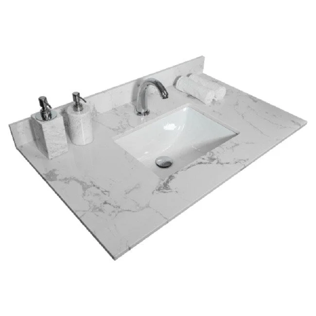 Montary 31inch bathroom vanity top white marble color with undermount ceramic sink and single faucet hole with backsplash