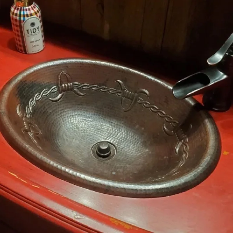 Rustic 16" Oval Copper Bath Sink Barbed Wire Design with 7" Pump Faucet & Drain - 16" x 12" x 4.5"