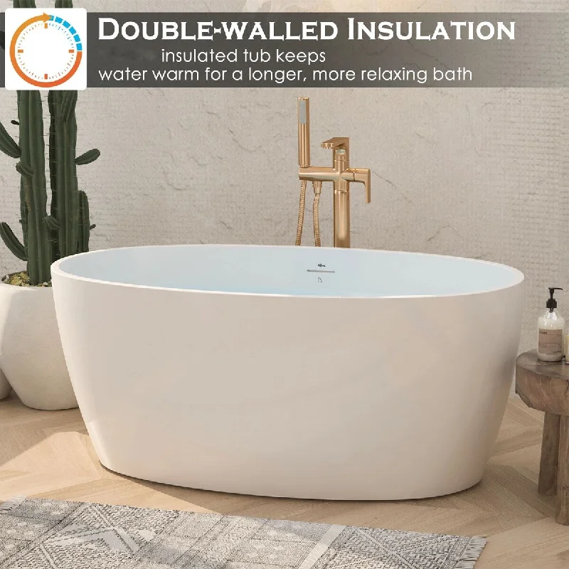 Toolkiss 55" Acrylic Freestanding Bathtub, Elegant Oval Shape Soaking Bathtub, Glossy White, Brushed Nickel