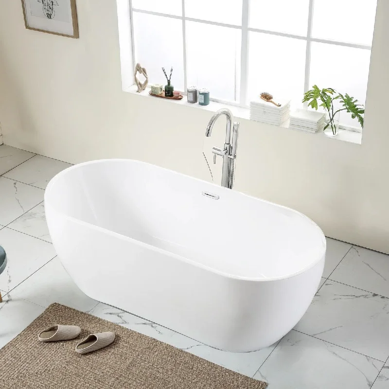 Toolkiss 67" Acrylic Freestanding Bathtub White Oval Soaking Bathtub with Brushed Nickel Overflow and Drain