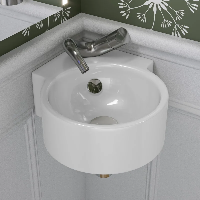 White 17" Tiny Corner Wall Mounted Ceramic Sink with Faucet Hole