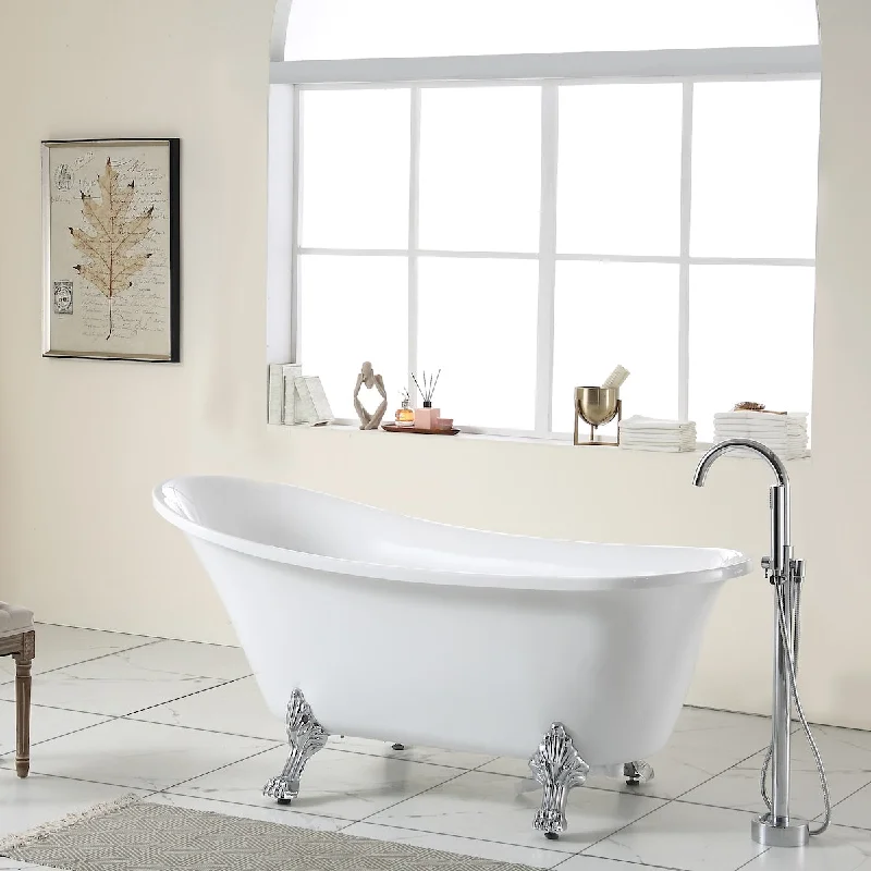 59" Acrylic Clatfoot Bathtub White Oval Soaking Bathtub with Brushed Nickel Overflow and Drain