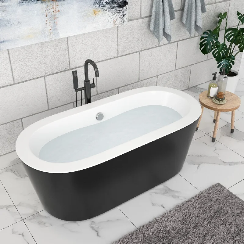 59" Acrylic Freestanding Bathtub Black Oval Soaking Bathtub with Brushed Nickel Overflow and Drain