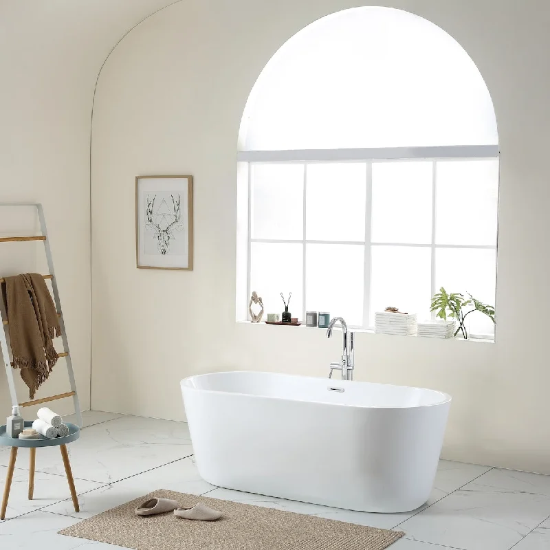 67" Acrylic Freestanding Bathtub White Oval Soaking Bathtub with Brushed Nickel Overflow and Drain