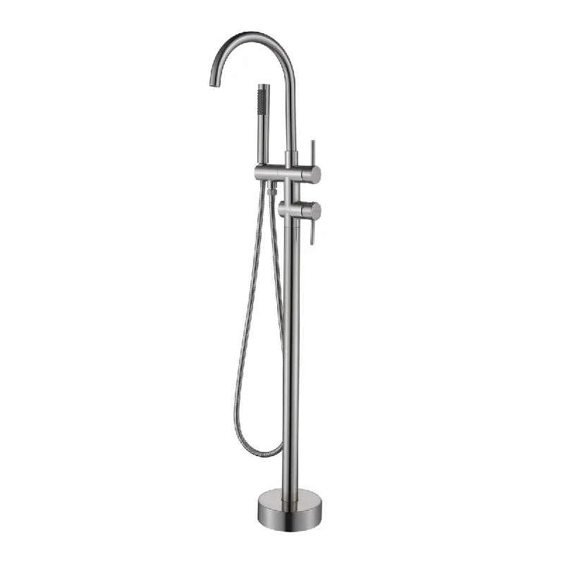 Double Handle Freestanding Tub Filler with Handshower, Brushed Nickel