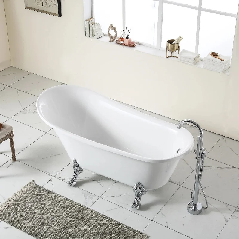 [ONLY FOR PICKUP] 59" Acrylic Clatfoot Bathtub White Oval Soaking Bathtub with Brushed Nickel Overflow and Drain