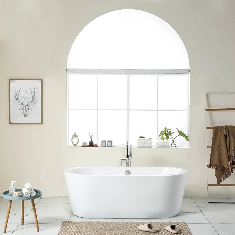 [ONLY FOR PICKUP] 59" Acrylic Freestanding Bathtub White Oval Soaking Bathtub with Brushed Nickel Overflow and Drain