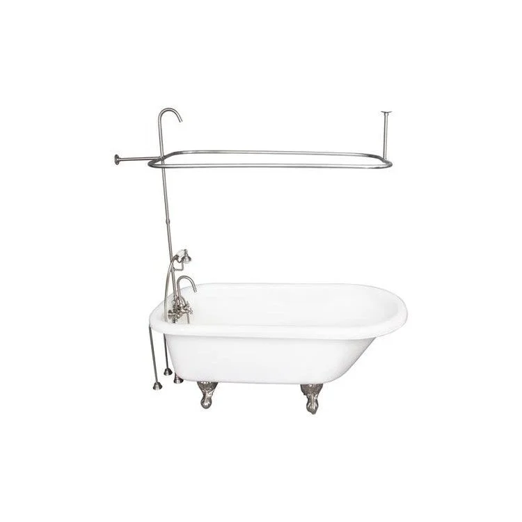 Tub Kit Anthea 60 Inch Acrylic White Kit Includes Brushed Nickel Tub Filler with Handshower 60 Inch Riser Rectangular Shower Rod 24 Inch Double Offset Bath Supplies and Tub Drain Ball and Claw Feet Gooseneck Spout Porcelain Lever Cradle Hose