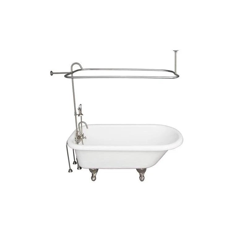 Tub Kit Andover 60 Inch Acrylic White Kit Includes Brushed Nickel Tub Filler with Handshower 60 Inch Riser Rectangular Shower Rod 24 Inch Double Offset Bath Supplies and Tub Drain Ball and Claw Feet Gooseneck Spout Porcelain Lever Cradle Hose