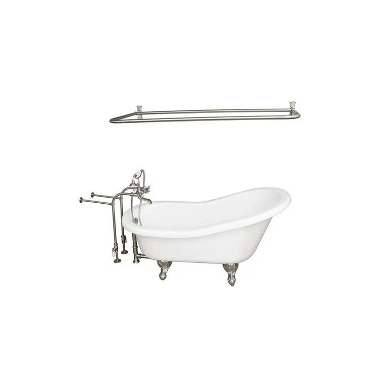 Tub Kit Estelle 60 Inch Acrylic White Kit Includes Brushed Nickel Tub Filler with Handshower Rectangular Shower Ring 30 Inch Freestanding Tub Supplies and Tub Drain Ball and Claw Feet Elephant Spout Metal Cross Cradle Hose