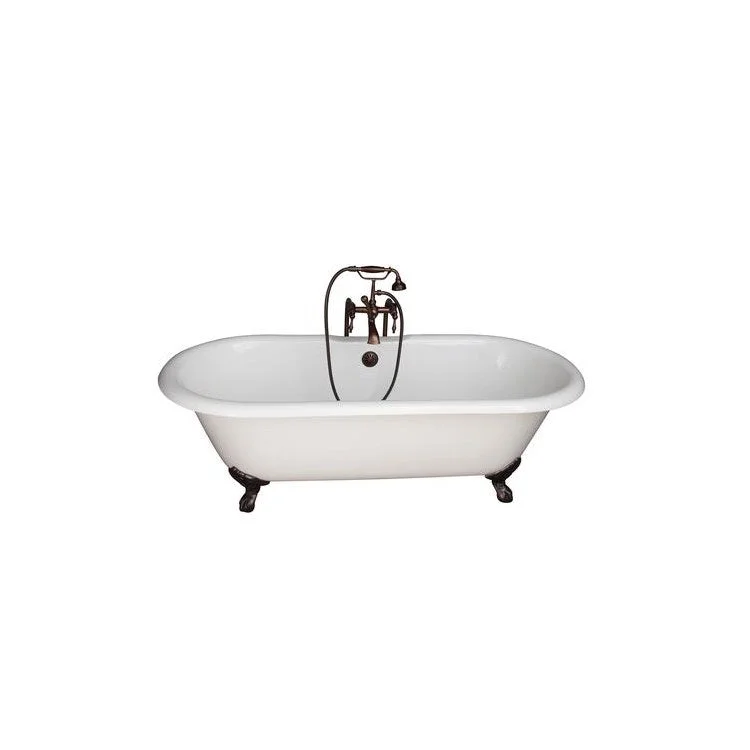 Tub Kit Columbus Freestanding 61 Inch Cast Iron White Includes Oil Rubbed Brass Tub Filler with Handshower 30 Inch Freestanding Bath Supplies & Leg Tub Drain Imperial Feet Elephant Spout Finial Metal Cross Handles Cradle 60 Inch Hose 60 Gallon Capacity