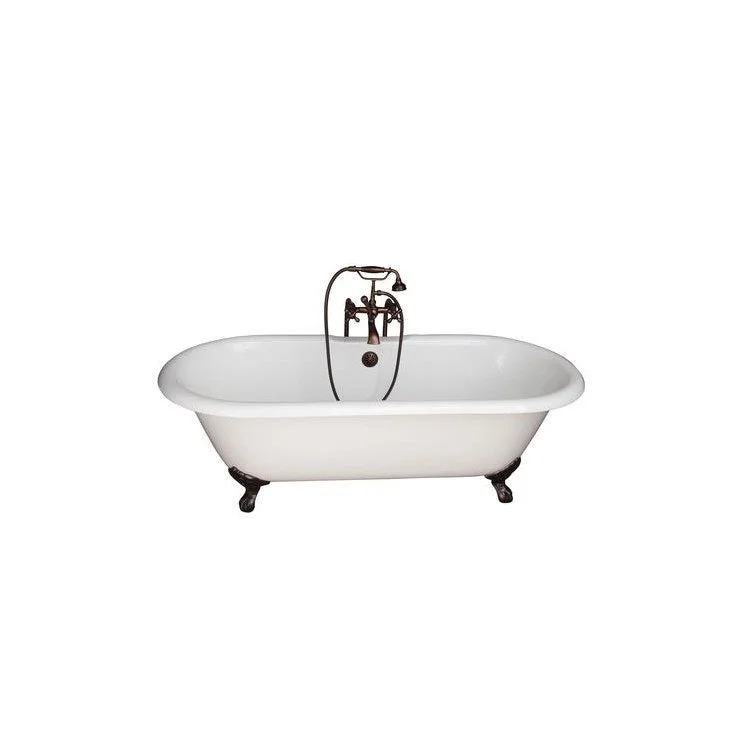 Tub Kit Columbus Freestanding 61 Inch Cast Iron White Includes Oil Rubbed Brass Tub Filler with Handshower 30 Inch Freestanding Bath Supplies & Leg Tub Drain Imperial Feet Elephant Spout Metal Cross Handles Cradle 60 Inch Hose 60 Gallon Capacity